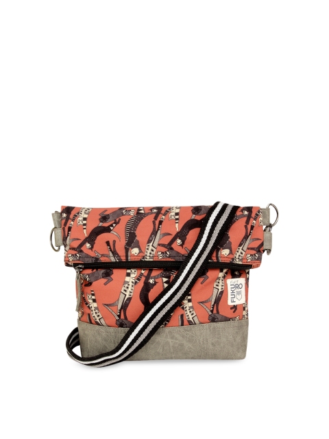 

FUKURO Orange & Brown Printed Foldover Sling Bag