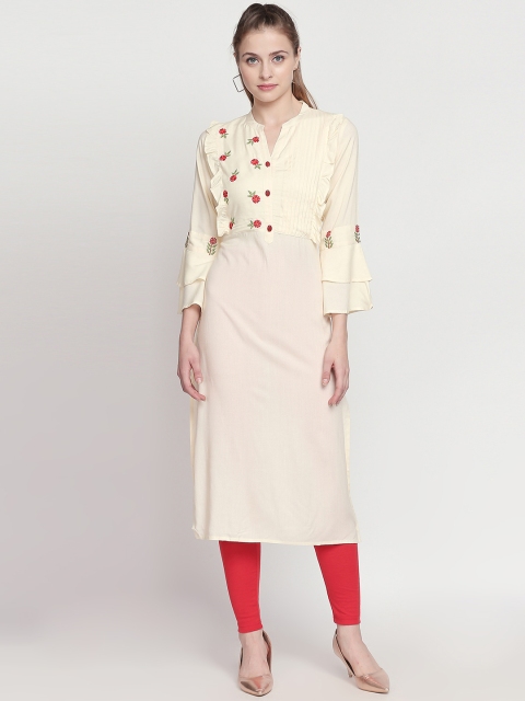 

ZRI Women Yellow Embroidered Straight Calf-Length Kurta