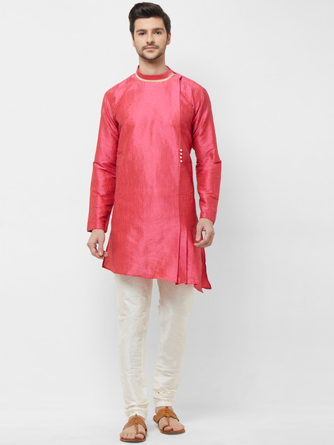 

irin Men Pink & Cream-Coloured Solid Kurta with Churidar