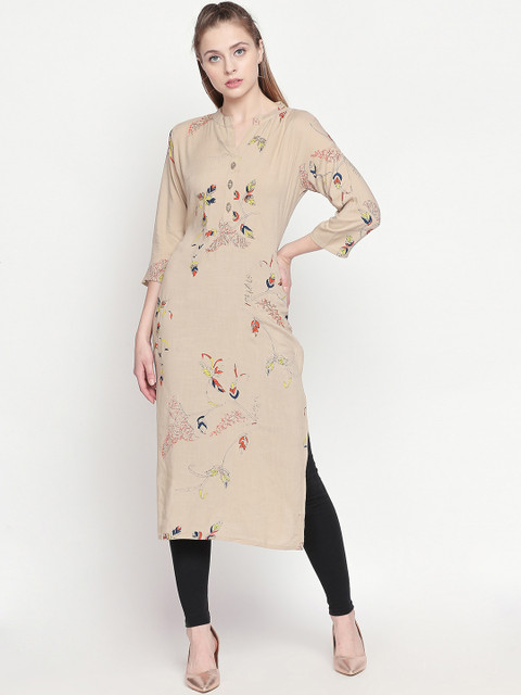 

ZRI Women Khaki Printed Straight Calf-Length Kurta