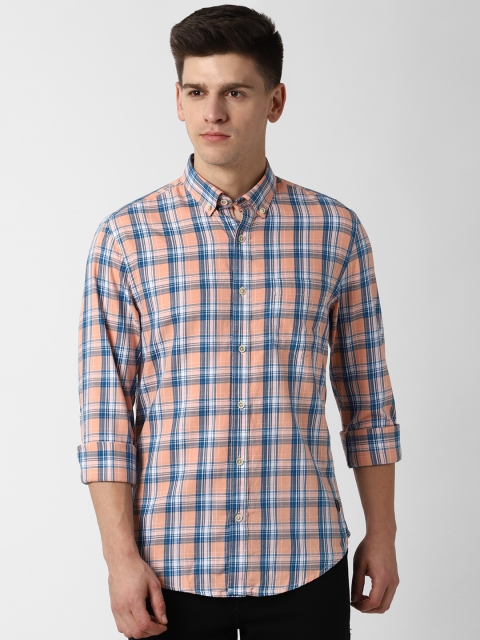 

Peter England Casuals Men Peach-Coloured & Navy Blue Slim Fit Checked Casual Shirt