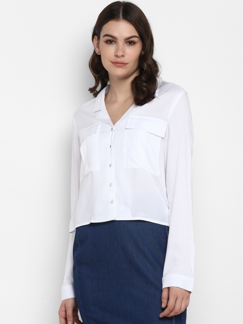 

FOSH Women White Regular Fit Solid Casual Shirt