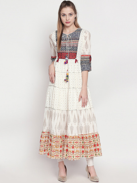 

ZRI Women Off-White & Blue Printed Anarkali Calf-Length Kurta
