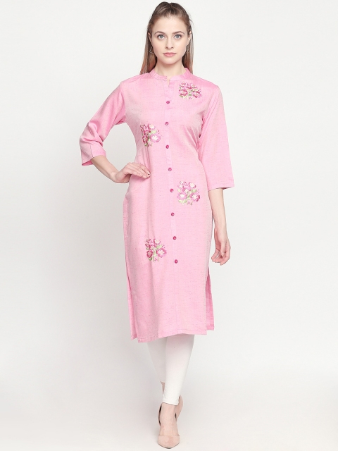 

ZRI Women Pink Floral Embroidered Straight Calf-Length Kurta