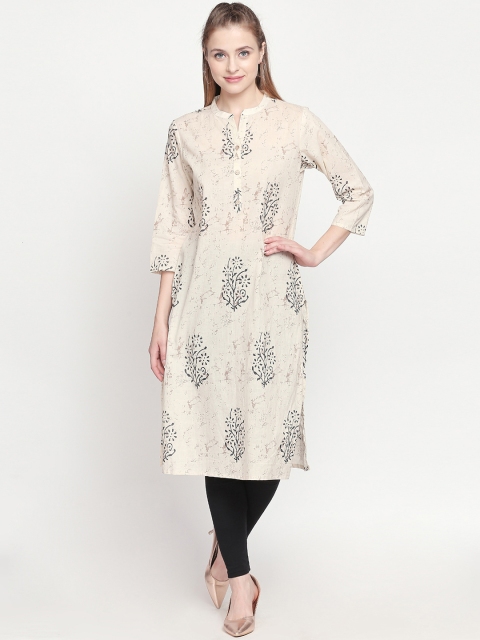 

ZRI Women Cream-Coloured & Black Printed A-Line Calf-Length Kurta