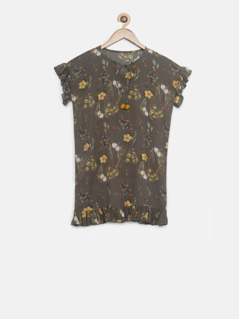 

The Kaftan Company Girls Olive Green & Yellow Floral Printed Blouson Dress