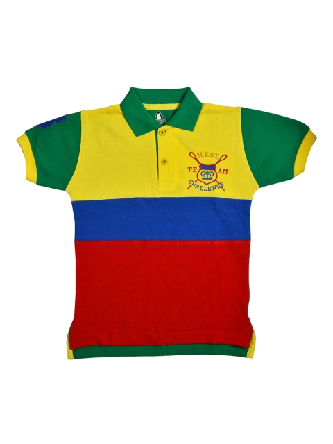 

CRAZYPENGUIN Boys Yellow Colourblocked Polo Collar Pure Cotton T-shirt