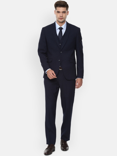 

V Dot Men Navy Blue Checked Single-Breasted Formal Suit