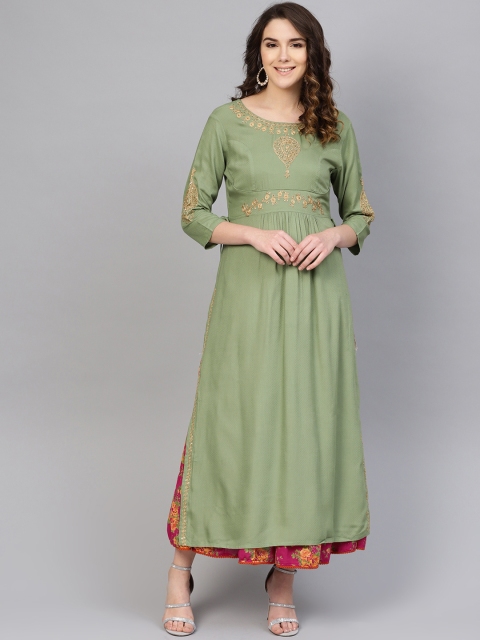 

Varanga Women Olive Green & Fuchsia Pink Aari Embroidered Kurta with Skirt
