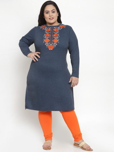 

plusS Women Navy Blue Embroidered Straight Kurta