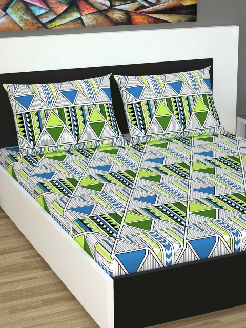 

Divine Casa Green & Off-White Geometric 144 TC Cotton 1 Queen Bedsheet with 2 Pillow Covers