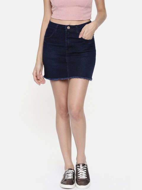 

ZHEIA Women Blue Solid Pencil Denim Skirt
