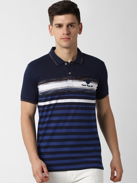 

Peter England Casuals Men Navy Blue Striped Polo Collar Slim Fit T-shirt