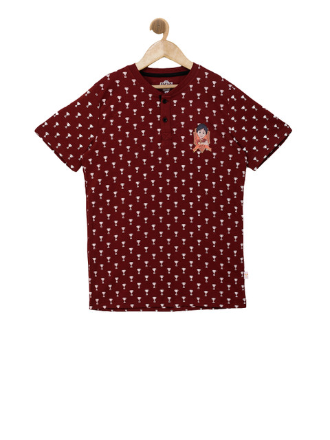 

Shiva Boys Maroon & White Printed Henley Neck T-shirt