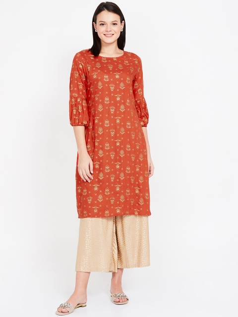 

Melange by Lifestyle Women Orange & Gold-Coloured Printed Straight Kurta