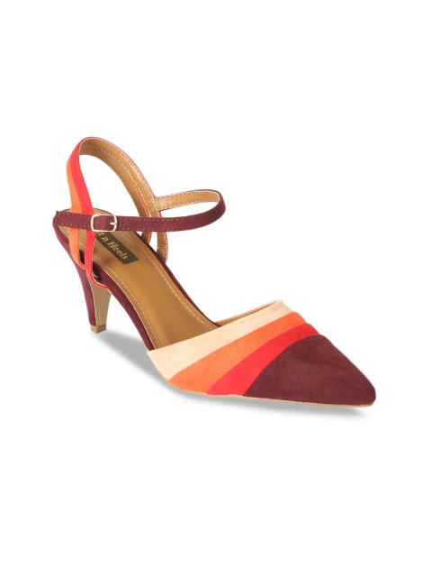 Flat n Heels Women Maroon & White Colourblocked Suede Heels