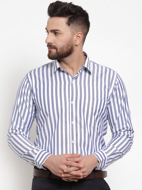 

Hancock Men White & Blue Slim Fit Striped Formal Shirt