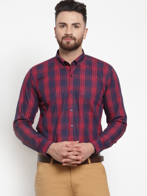 

Hancock Men Navy Blue & Red Slim Fit Checked Formal Shirt