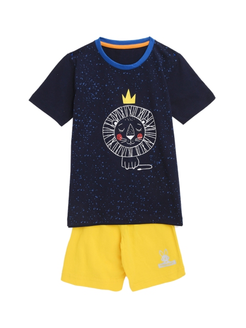 

KIDSCRAFT Boys Navy Blue & Yellow Printed T-shirt with Shorts