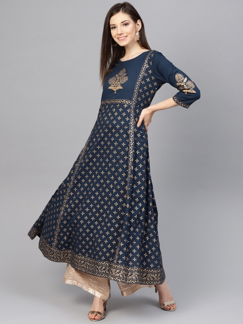 

Varanga Women Navy Blue & Beige Foil Printed Kurta with Palazzos