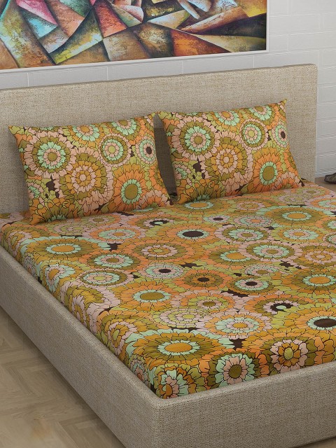 

Divine Casa Mustard Orange & Brown 180 TC Double Queen Bedsheet with 2 Pillow Covers