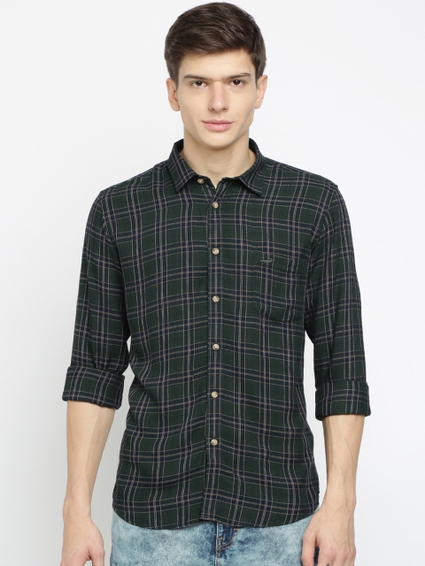 

Crocodile Men Green & Navy Blue Slim Fit Checked Casual Shirt