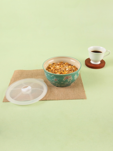 

Chumbak Teal Green & White Stoneware Storage Bowls Set With Airtight Lid