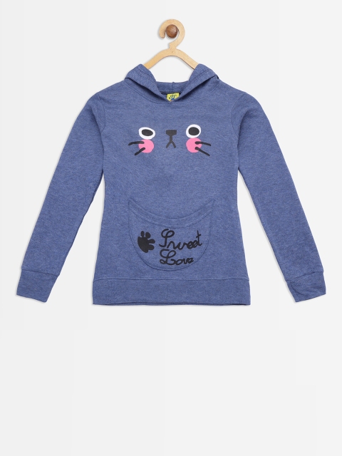 

Punkster Girls Blue Printed Hooded Sweatshirt