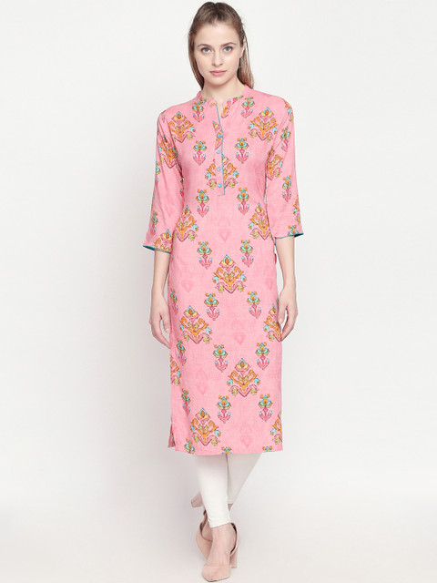

ZRI Women Pink & Yellow Printed Straight Kurta