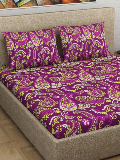 Divine Casa Maroon & Yellow 180 TC Cotton Double Queen Bedsheet with 2 Pillow Covers