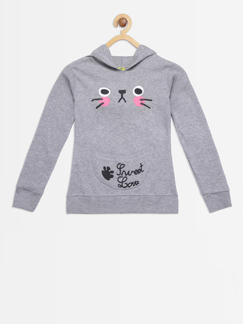 

Punkster Girls Grey Melange Printed Hooded Sweatshirt