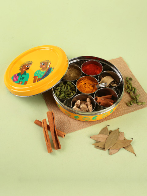 

Chumbak Yellow & Steel-Toned Little Chatter Steel Spice Box