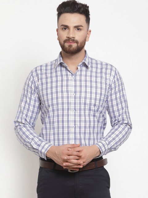 

Hancock Men White & Navy Blue Slim Fit Checked Formal Shirt