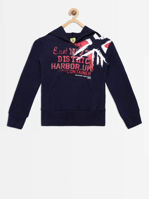 

Punkster Boys Navy Blue Printed Hooded Sweatshirt