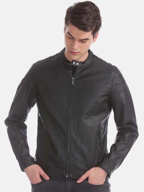 Arrow Sport Men Black Solid Leather Jacket Jacket