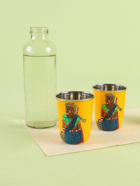

Chumbak Set Of 2 Yellow & Blue Hand-Painted Tumblers