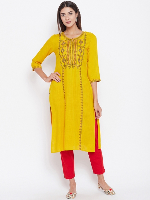 

Prakhya Women Yellow Embroidered Straight Kurta