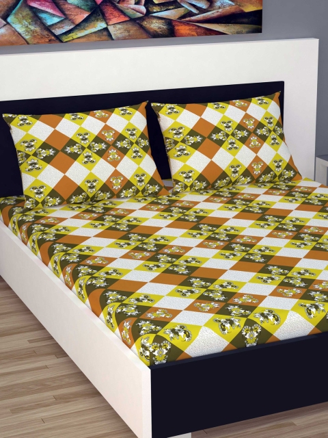 

Divine Casa Yellow & Brown Geometric 144 TC Cotton 1 Queen Bedsheet with 2 Pillow Covers