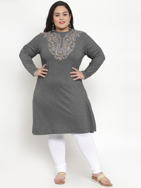 

plusS Women Grey Embroidered Straight Kurta
