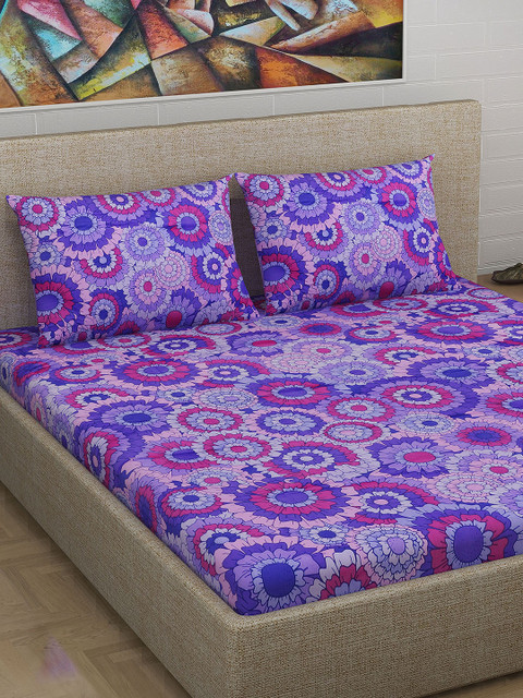 

Divine Casa Purple & Pink Floral 180 TC Cotton Double Queen Bedsheet with 2 Pillow Covers