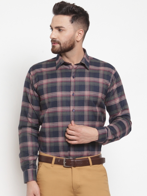 

Hancock Men Navy Blue & Beige Slim Fit Checked Formal Shirt