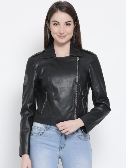 

Justanned Women Black Solid Biker Jacket
