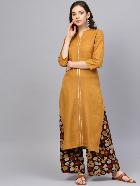 

Varanga Women Mustard Yellow & Brown Solid Kurta with Palazzos