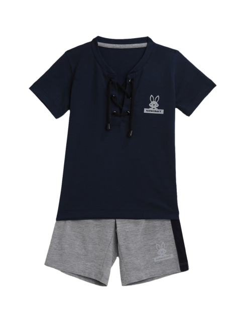 

KIDSCRAFT Boys Navy Blue & Grey Solid T-shirt with Shorts