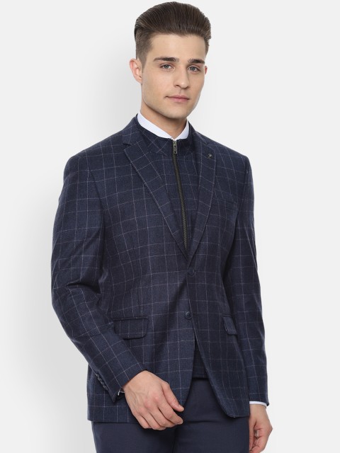 

Van Heusen Men Navy Blue Checked Single-Breasted Slim-Fit Pure Wool Formal Blazer