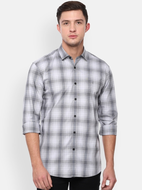 

V Dot Men Grey & White Slim Fit Checked Casual Shirt