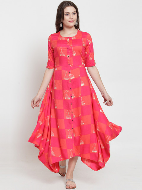 

Kiaasa Women Pink & Orange Conversational Print Maxi Dress