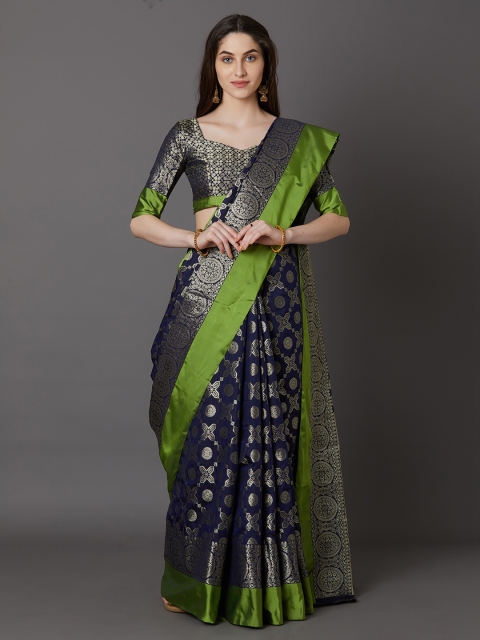 

Mitera Navy Blue & Green Silk Blend Woven Design Banarasi Saree