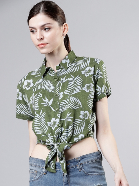 

Tokyo Talkies Women Olive Green & White Regular Fit Printed Casual Crop Shirt