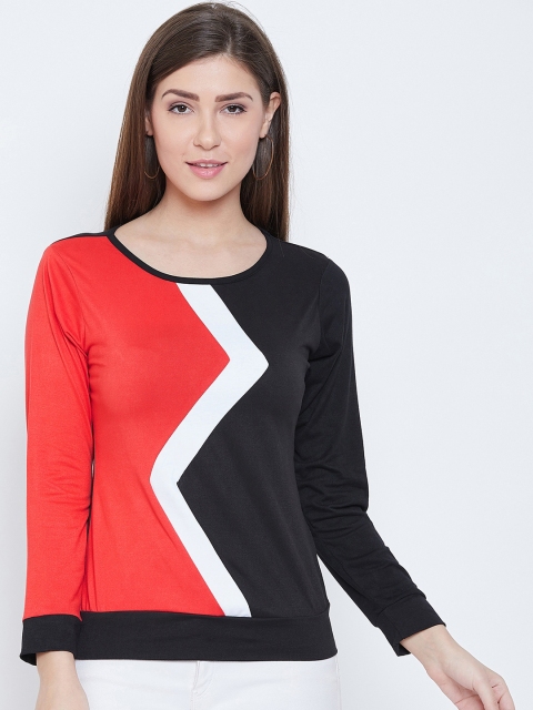 

CHROME & CORAL Women Red & Black Colourblocked Round Neck T-shirt